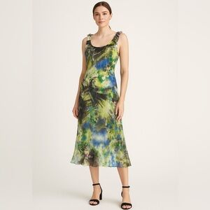 Komarov Womens Delicate Watercolor Design Dress Size M Crinkle Pattern Midi